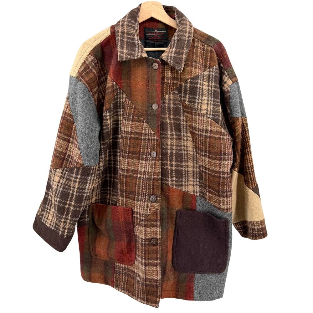 Vintage 90s Sacred Threads Brown Patchwork 100% Wool Plaid Shacket Car Coat